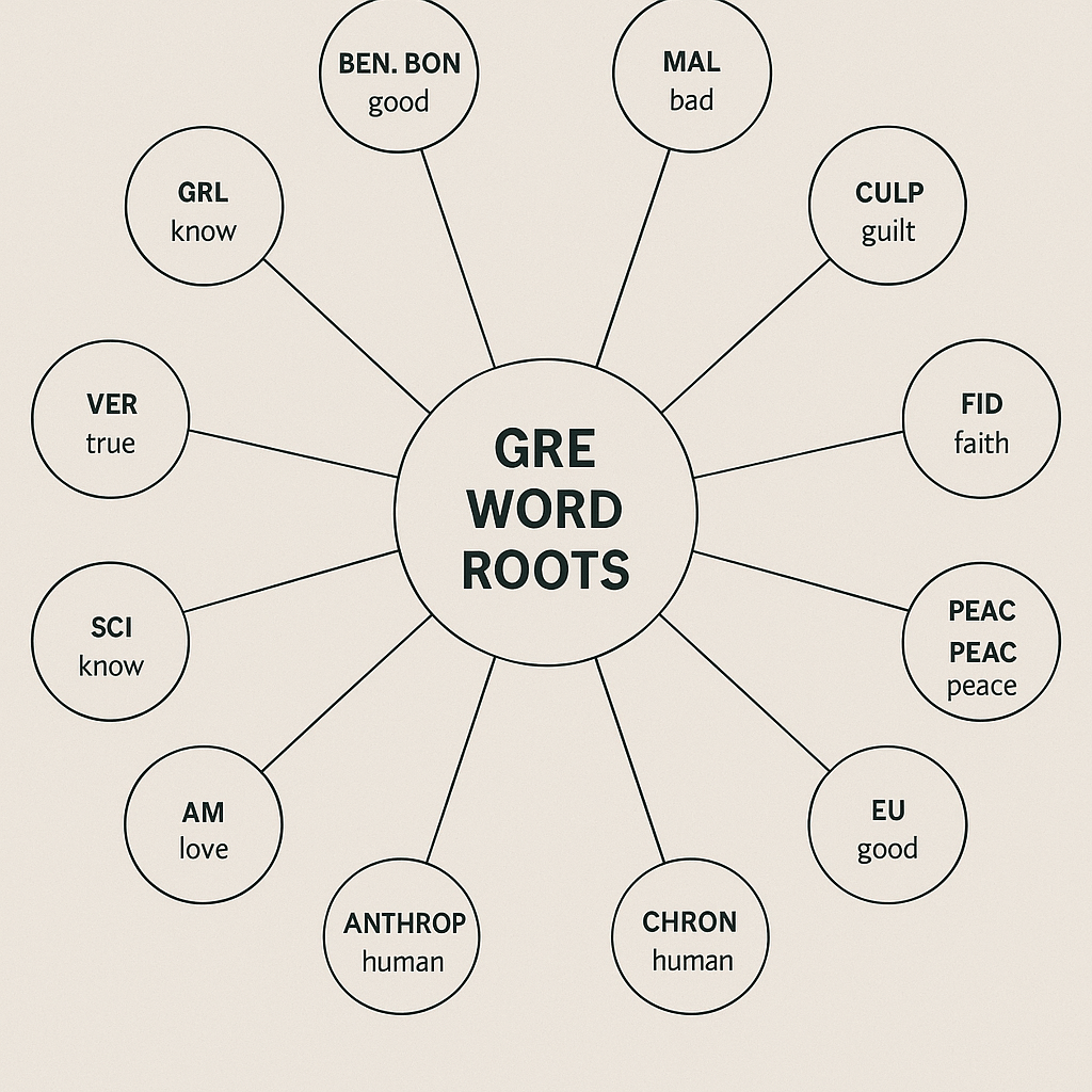 Visual diagram of common GRE word roots and their meanings